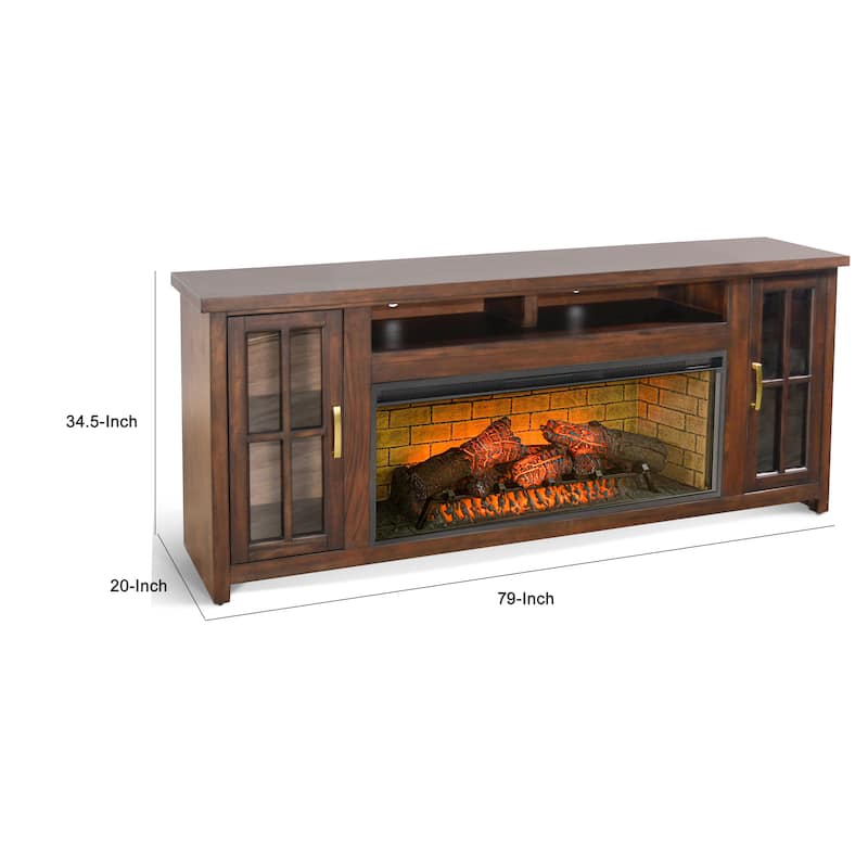 Gery TV Media Console w Log Fireplace, 76 Inch, 2 Cabinets, Dark Brown