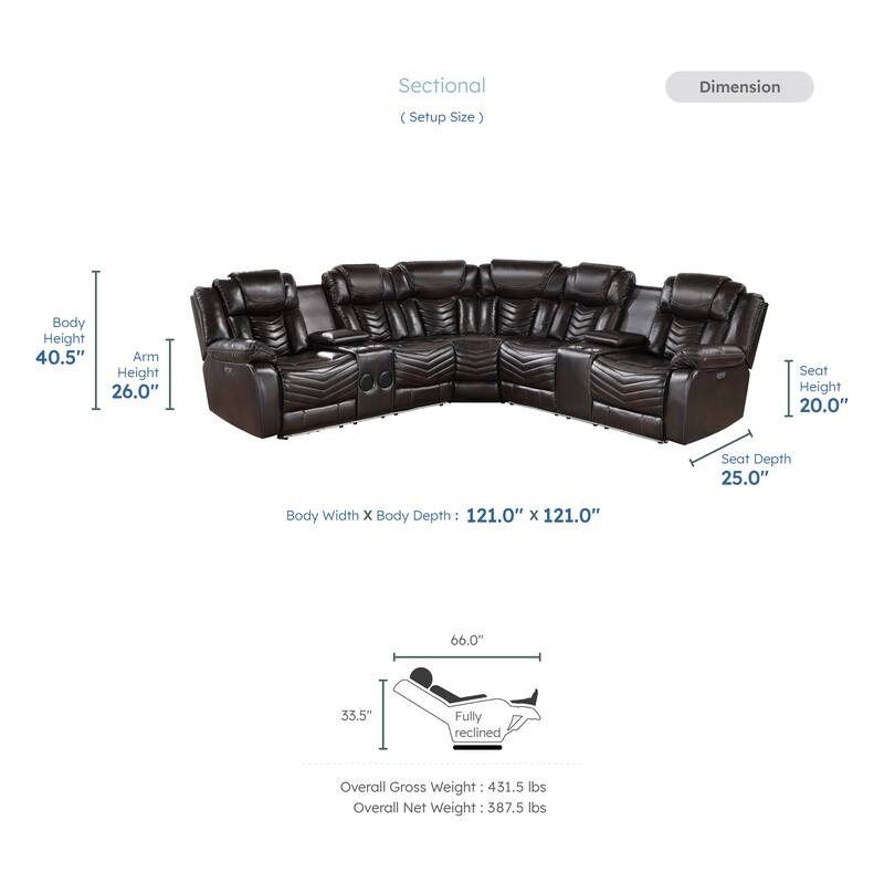Cove Faux Leather 3-Piece Power Reclining Sectional Sofa with Consoles