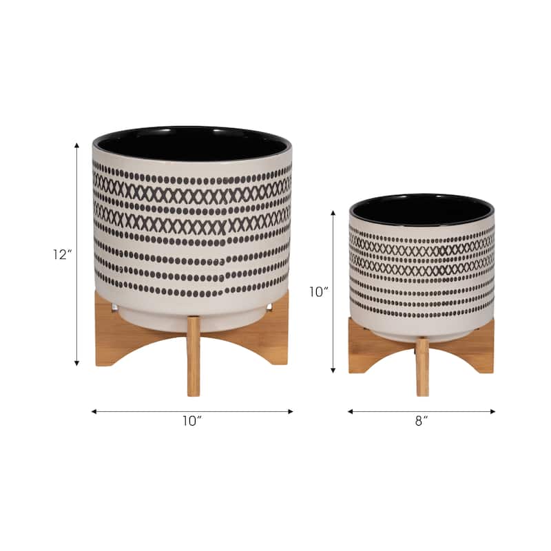 Off-white and Grey Ceramic Planters on Wood Stands (Set of 2) - 10" x 10" x 12"
