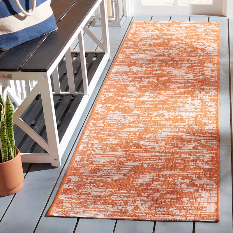 SAFAVIEH Courtyard Simcha Abstract Indoor/ Outdoor Waterproof Patio Backyard Rug - 2'3" x 8' Runner - Orange/Ivory