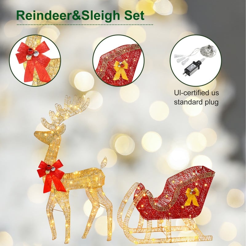 4ft Christmas Reindeer & Sleigh Outdoor Yard Decoration Set with LED Lights