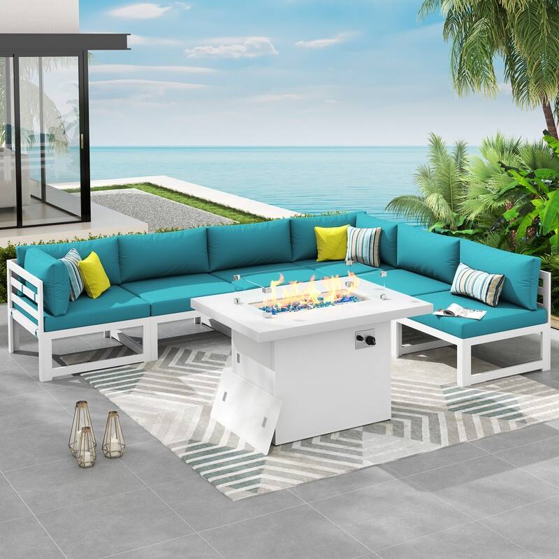 7 Piece Aluminum Patio Furniture Set with Fire Pit Propane/Gas, 29 inch Deep Wide Seat Aluminum Outdoor Sectional