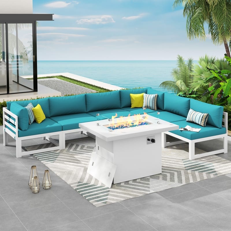 7 Piece Aluminum Patio Furniture Set with Fire Pit Propane/Natural Gas, 29 inch Deep Wide Seat Aluminum Outdoor Sectional