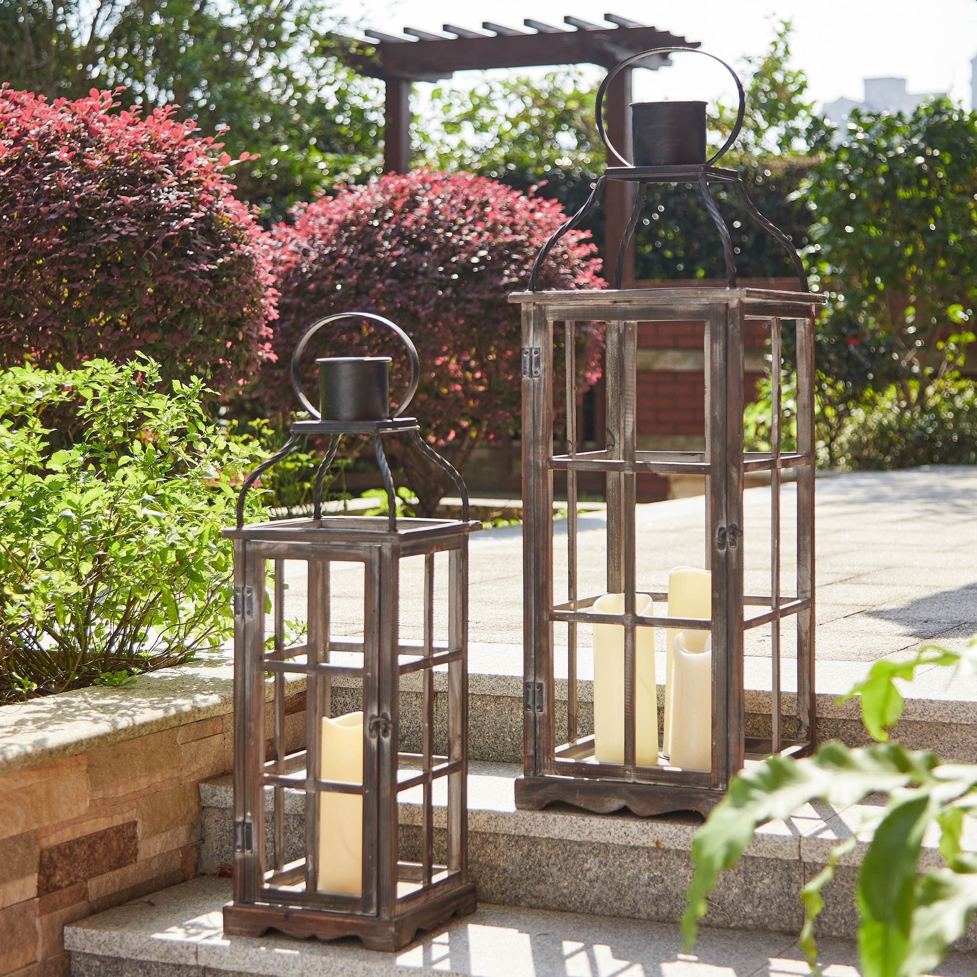 2 large 16" tall Wood & metal Candle holder Lantern Lamp outdoor terrace patio 