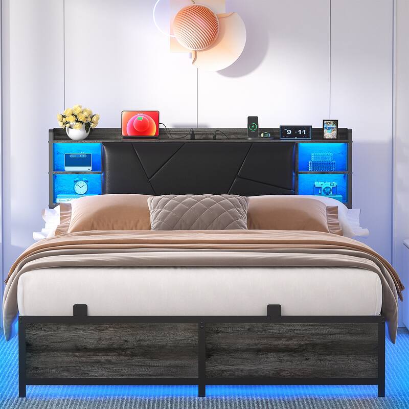 Bed Frame with Upholstered Storage Headboard,Matel Platform Bed with Charging Station and RGB LED Lights,Easy Assembly