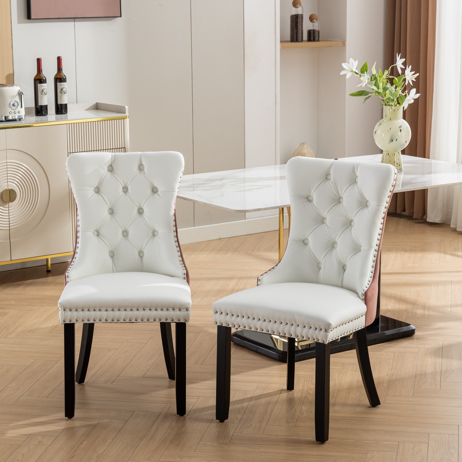 Roomfitters Tufted Dining Chair Set of 2, PU Leather & Velvet Upholstered Accent Chairs with Nailhead Trim