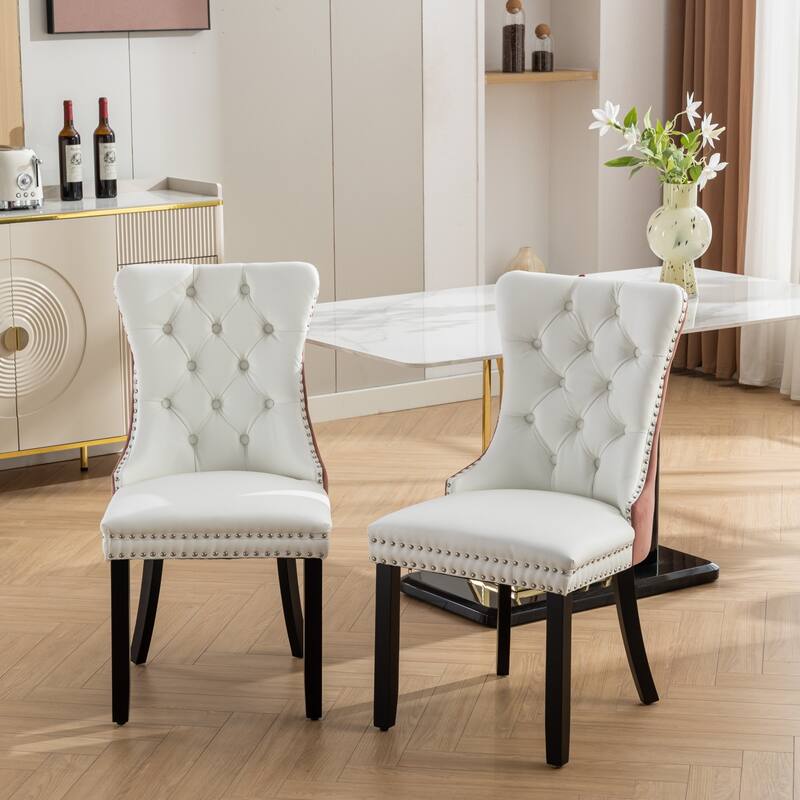 Roomfitters Tufted Dining Chair Set of 2, PU Leather & Velvet Upholstered Accent Chairs with Nailhead Trim - White+Pink