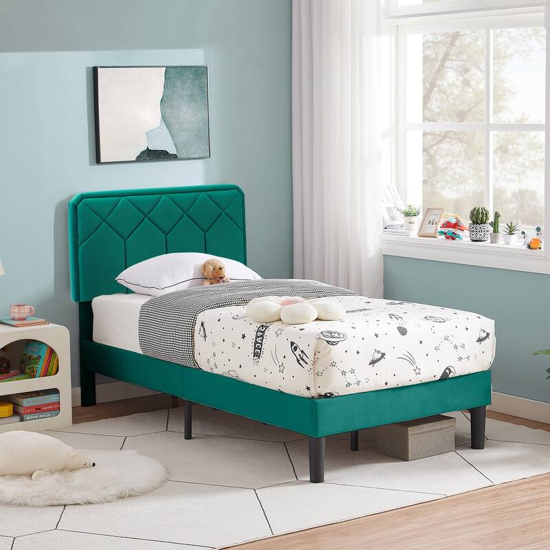 VECELO Adjustable Height Velvet Upholstered Bed Diamond Tufted Headboard with 7.8" Underbed Storage No Box Spring Needed