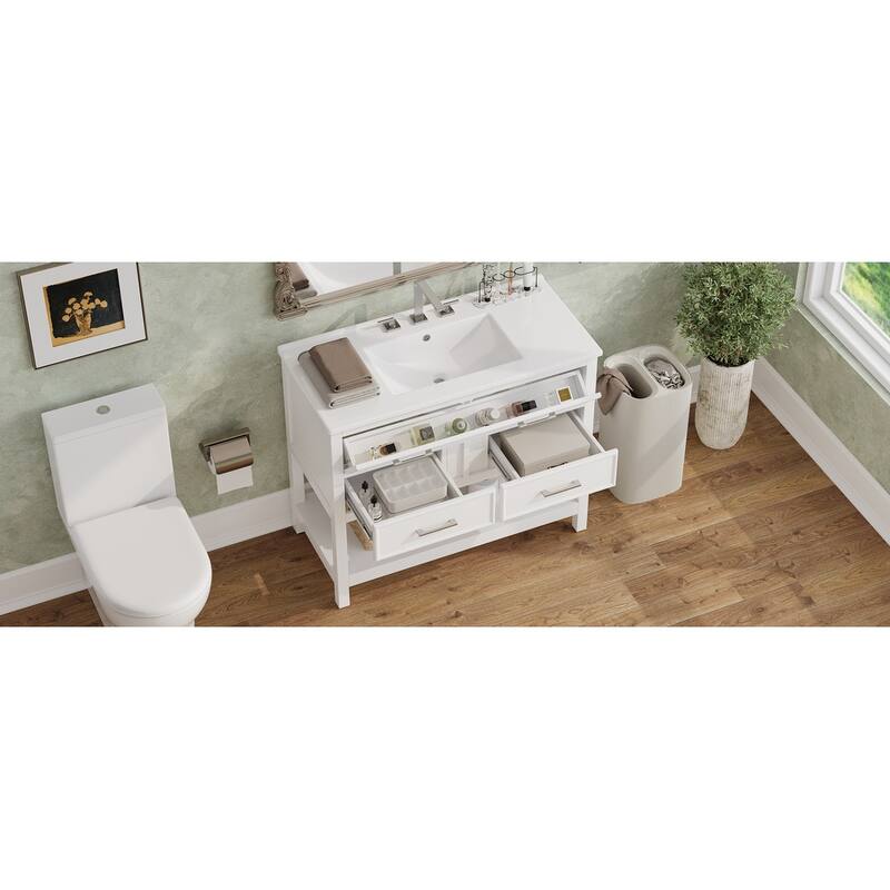 Roomfitters 36" Bathroom Vanity with Ceramic Sink, Tip-Out Tray, 2 Full-Extension Soft-Close storage units and Open Shelf