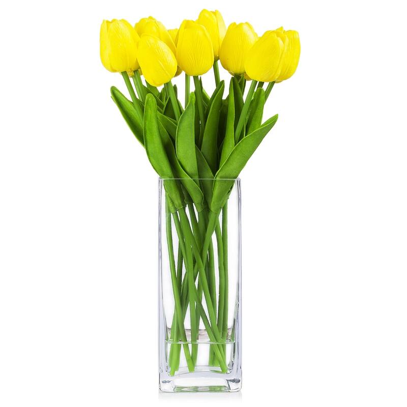 Enova Home Artificial Real Touch Tulips Fake Silk Flowers Arrangement in Glass Vase with Faux Water for Home Wedding Decoration - Yellow