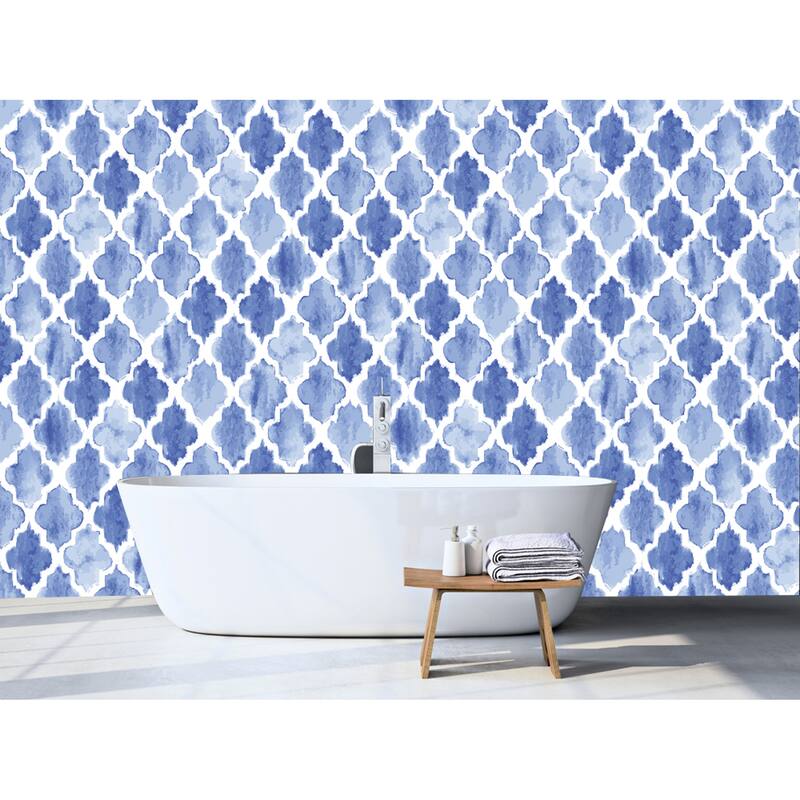 Arabesque Blue watercolor Tiles Removable Wallpaper - 10'ft H x 24''inch W