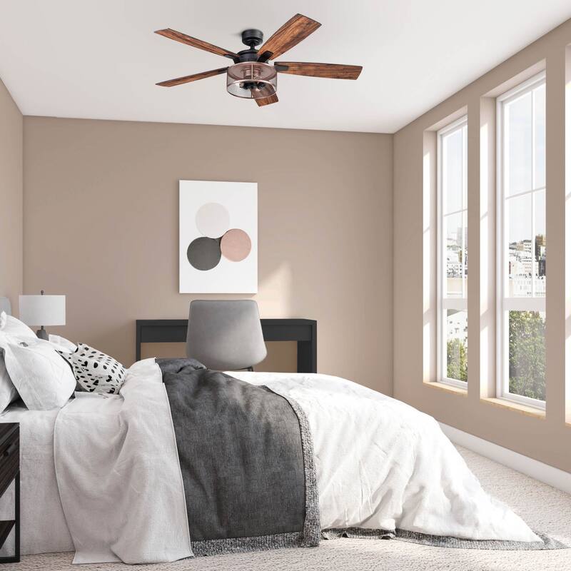 52" Honeywell Carnegie Matte Black/Copper Industrial Farmhouse LED Ceiling Fan with Light and Remote Control