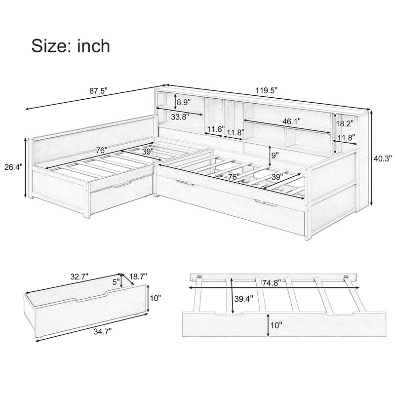 Twin L-Shaped Daybed with Built-In Bookcase, Storage Drawers & Trundle by Harper&Bright Designs