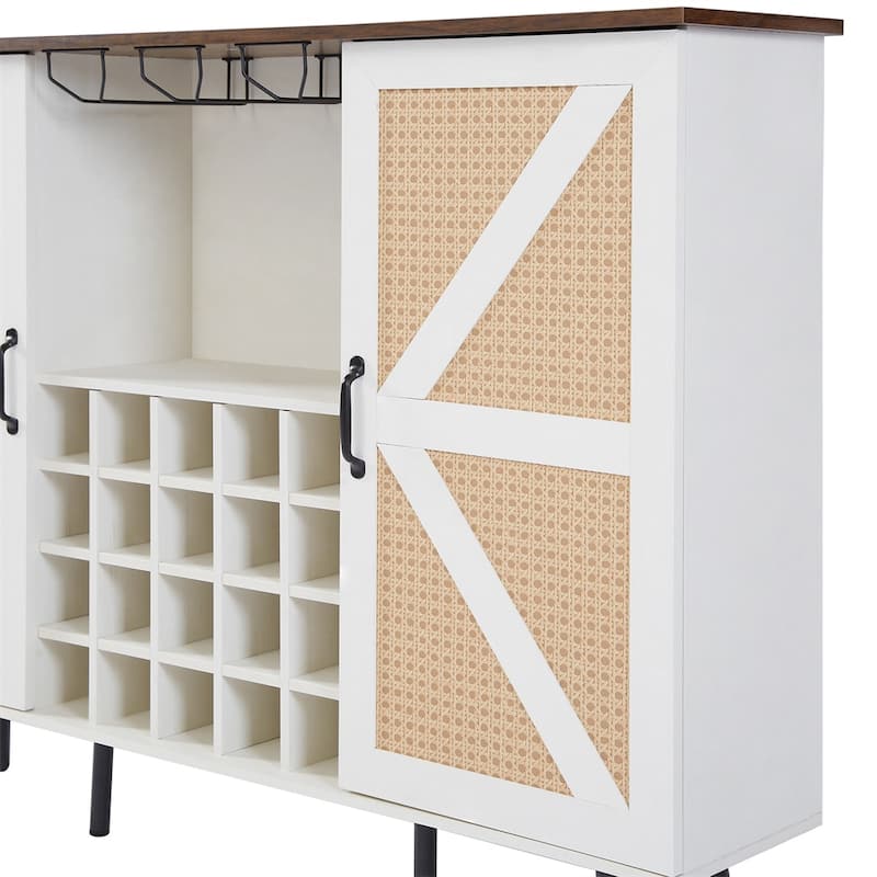 Faux Rattan Barn Door Wine Cabinet with Wine Rack and Wine Glass Rack