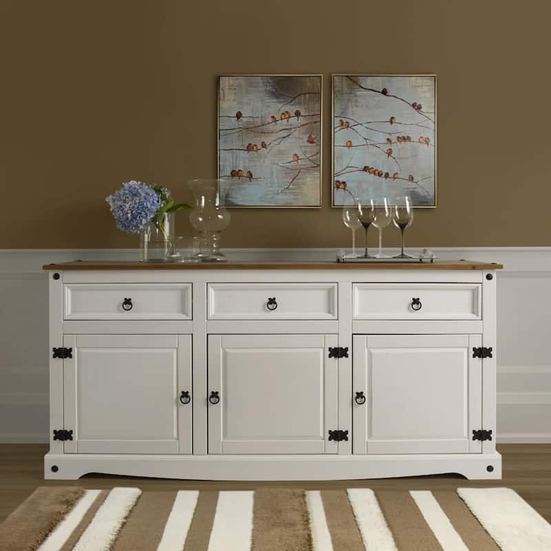 OS Home and Office Furniture Model COW917 Cottage Series Wood Buffet Sideboard in Distressed White