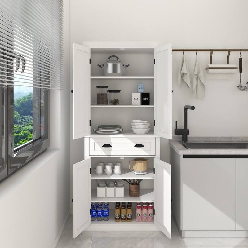 71" 4-Doors Kitchen Pantry with Drawer and 2 Adjustable Shelves - White