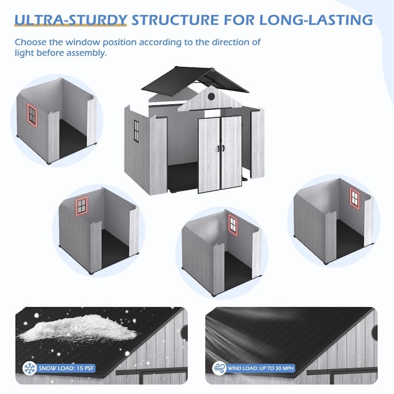 8ft Outdoor Plastic Storage Shed With Floor, 435 Cuft Waterproof Garden Shed With Lockable Door, Plastic Tool Storage