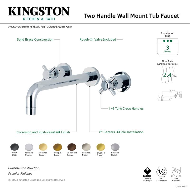 Concord 3-Hole Wall Mount Roman Tub Faucet in Polished Chrome