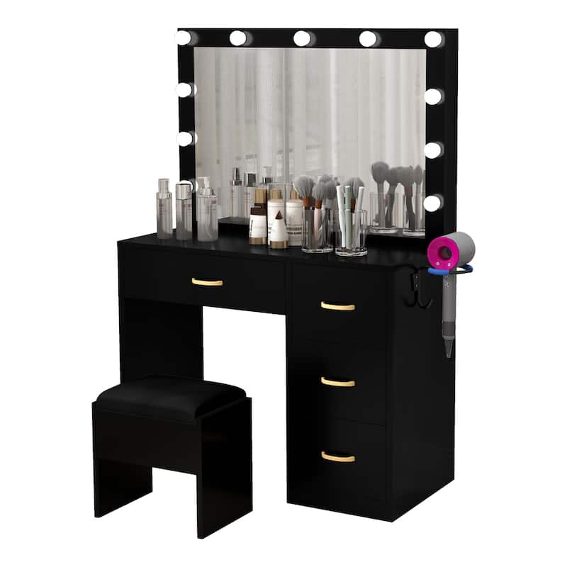 35.4" Mirror Makeup Vanity Table with Stool and Light Bulb - 35.4''L x 15.7''W x 53.5''H - Black