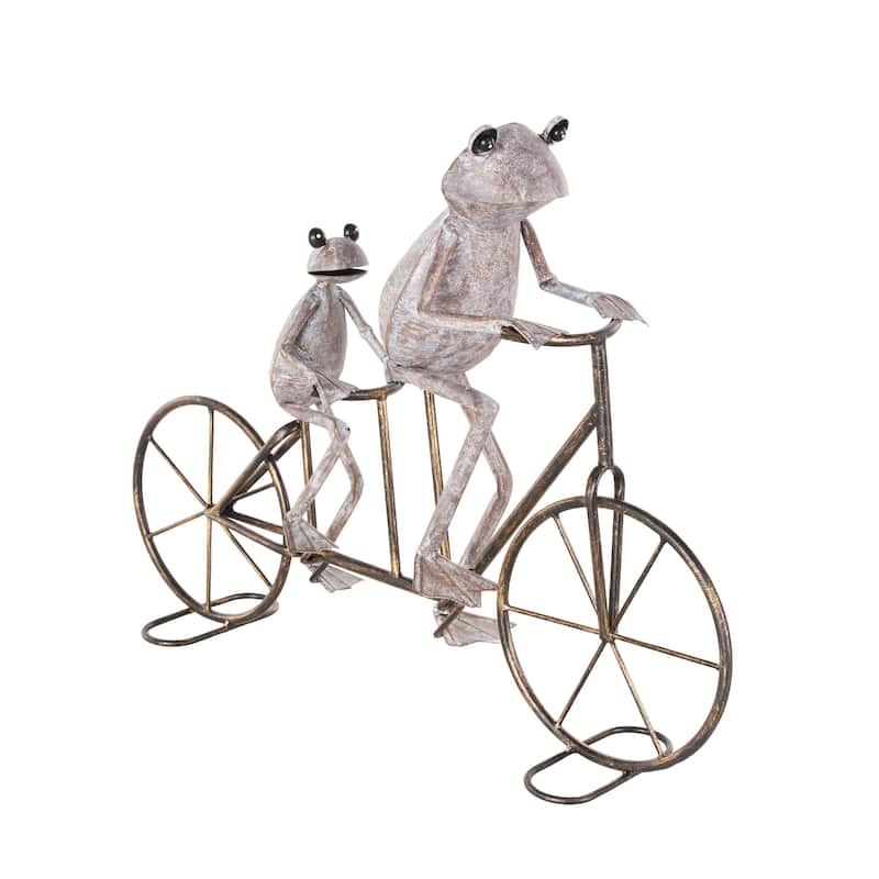 Metal Frog On Bicycle Garden Sculpture with Gold Accents - Copper or Green - Roche River Decor