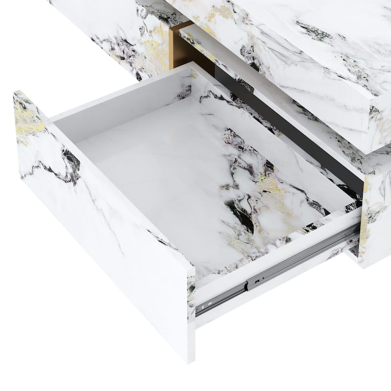 43.3" Modern Square Marble Textured Coffee table with 4 Drawers and Suspended Base, White