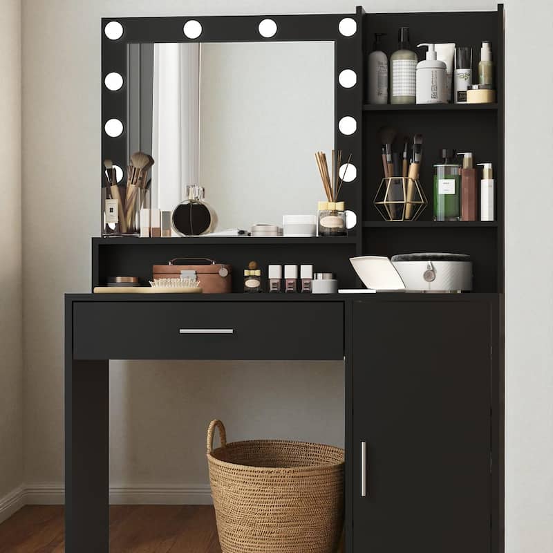Makeup Vanity Table with Adjustable Lighting, Oversized Drawer, 3 Shelves and Cabinet Storage