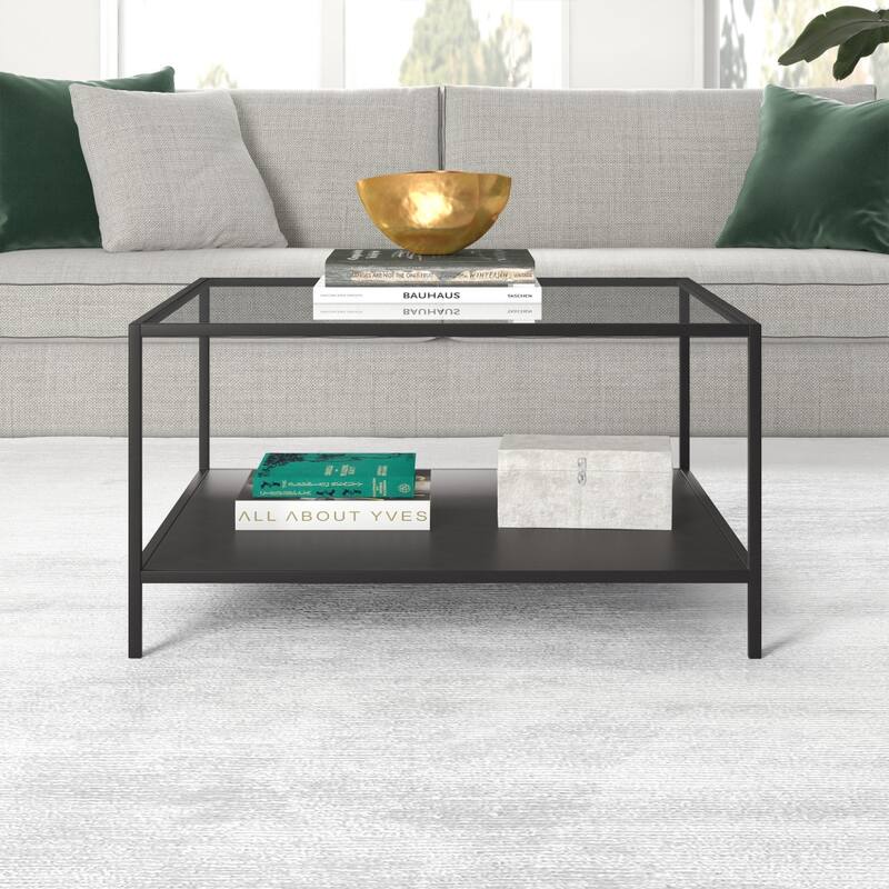 Black Glass and Steel Square Coffee Table with Storage Shelf - 32" x 32" x 17"