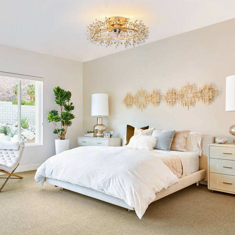 23" Contemporary Gold 4-Light Crystal Low-Profile Flush Mount Ceiling Fan with Remote