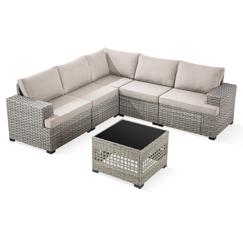 Gymojoy Outdoor Wicker Sectional Sofa Set with Glass Table, Wide Armrests & Water-resistant Cushions, Patio Furniture for Garden