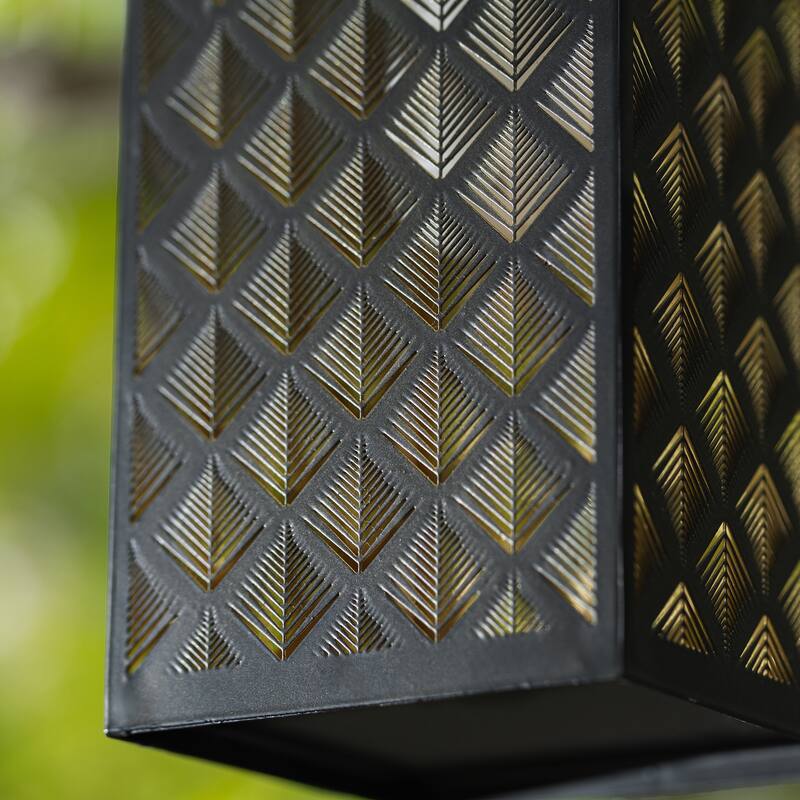 Glitzhome 11"H Black Metal Cutout or Square Textured Glass Pattern Solar Powered Hanging Lantern with LED Light