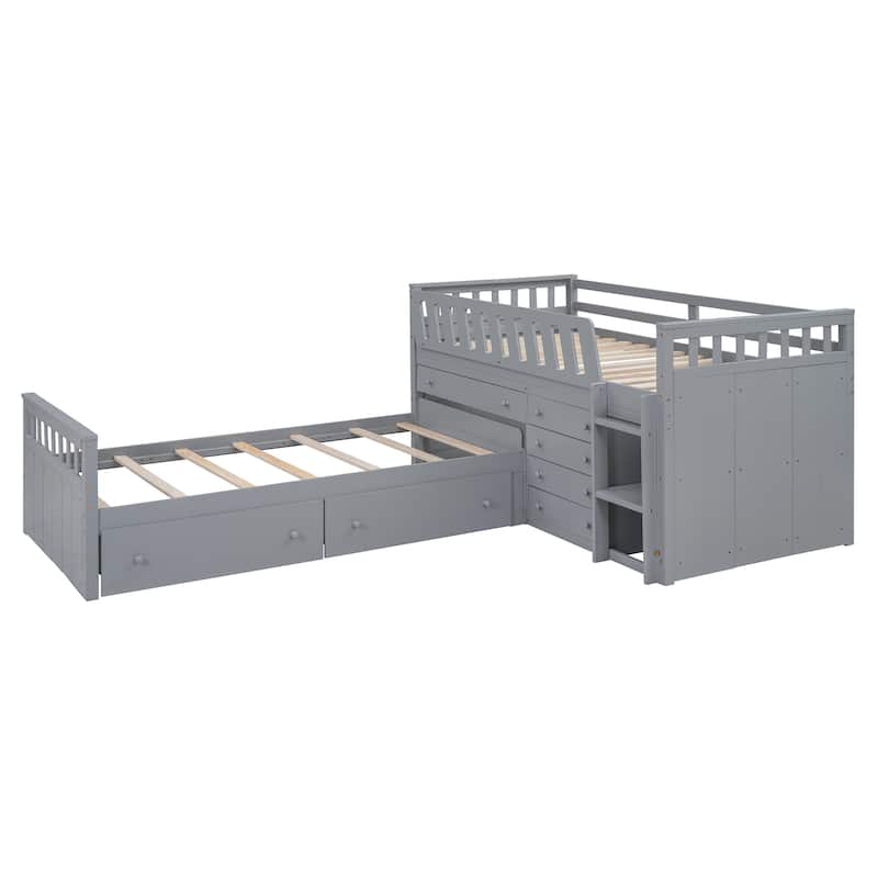 Gray Twin Size Solid Wood L-shaped Loft Bed with Drawers