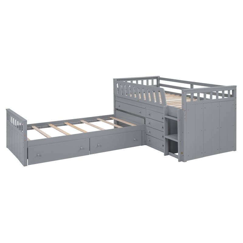 Twin Size Solid Wood L-shaped Loft Bed and Twin Platform Bed with 7 Drawers and Full Guardrails