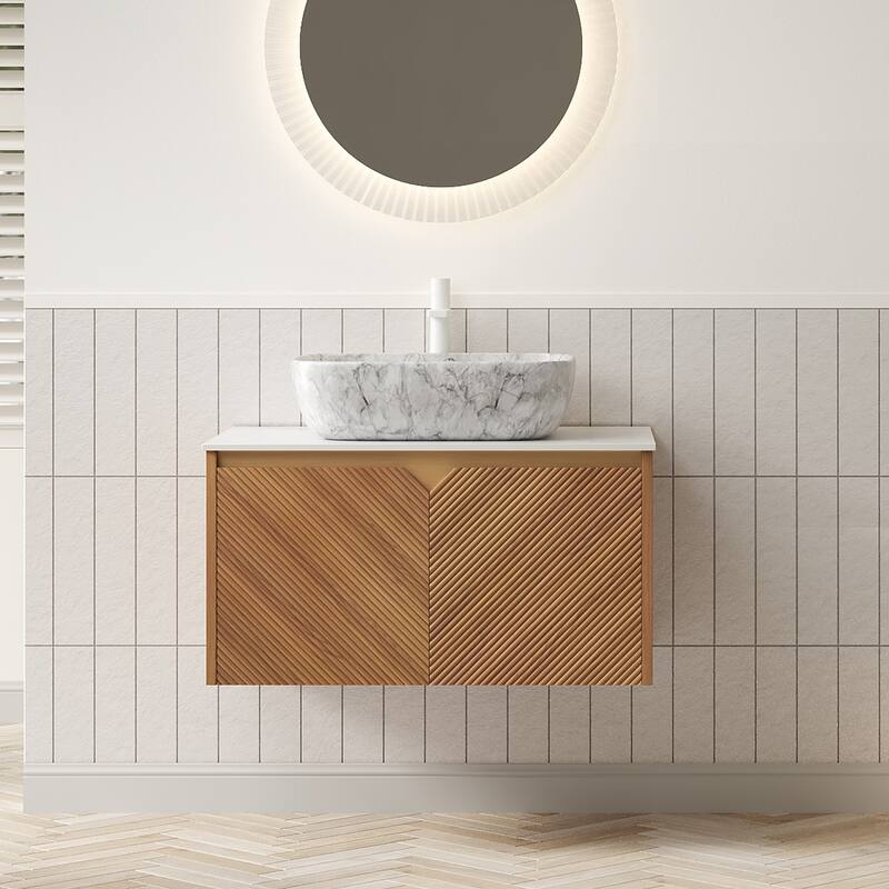 30"/36"/48" Floating Bathroom Vanity with Vessel Sink, Wall Mounted Sintered Stone Countertop Bathroom Storage Cabinet - Brown Oak - Marble Pattern Ceramic Basin - 30 Inch
