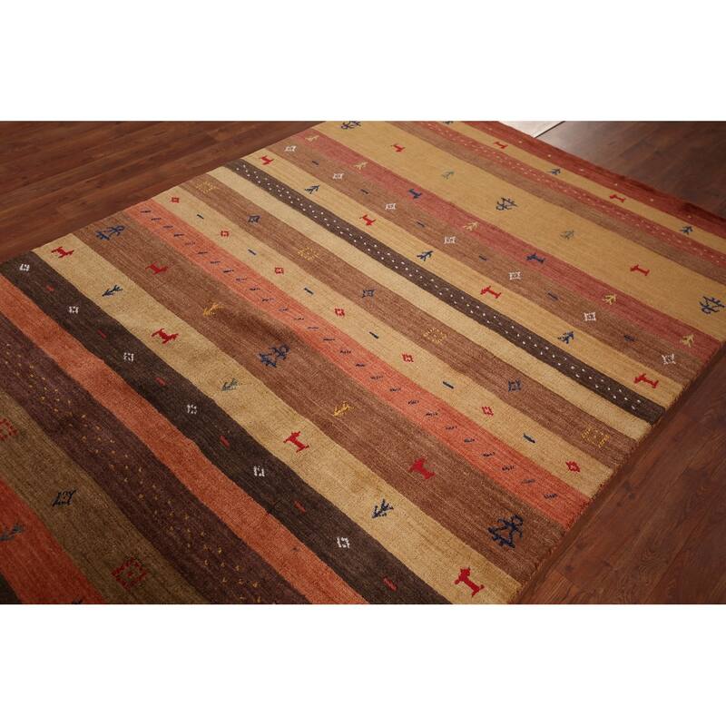 Striped Gabbeh Indian Area Rug Hand-Knotted Wool Carpet - 5'3"x 7'10"