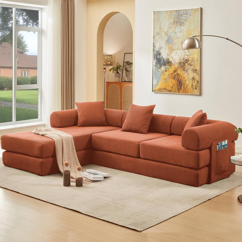 107" Orange Corduroy Modular Sectional Sofa Bed, 7-in-1, No Assembly