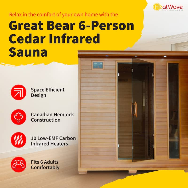 HeatWave Great Bear 6-Person Cedar Infrared Sauna with 10 Carbon Heaters