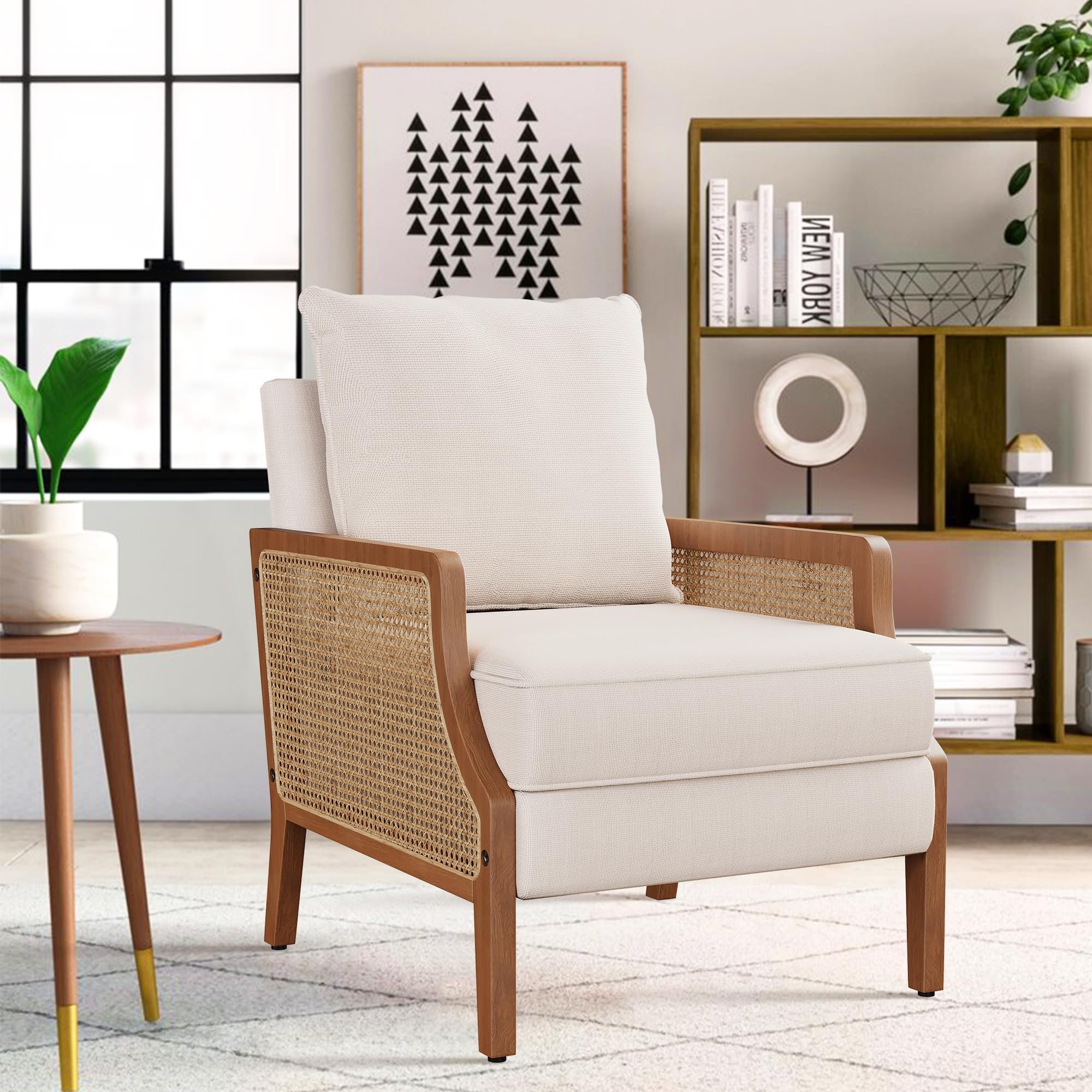 Mid Century Modern Accent Chair Upholstered Living Room Chairs Armchair with Rattan Armrest Comfy Reading Chair with Wood Frame On Sale Bed Bath Beyond 41294728
