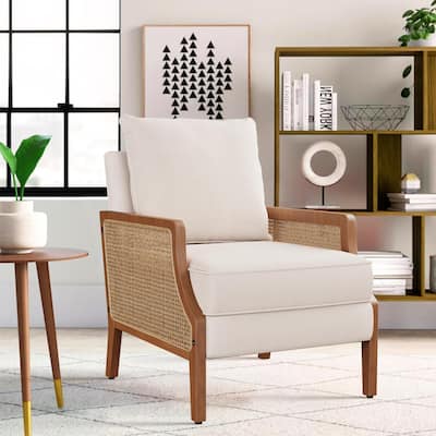 Mid Century Modern Accent Chair Upholstered Living Room Chairs Armchair with Rattan Armrest Comfy Reading Chair with Wood Frame