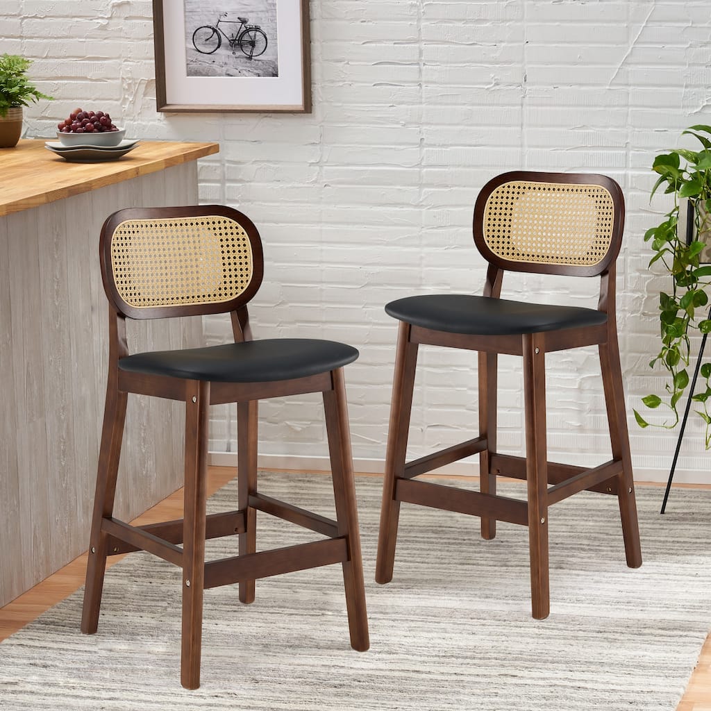Wood Upholstered Counter Height Bar Stools with Rattan Back - 36.81"H x 17.72"W x 18.7"D