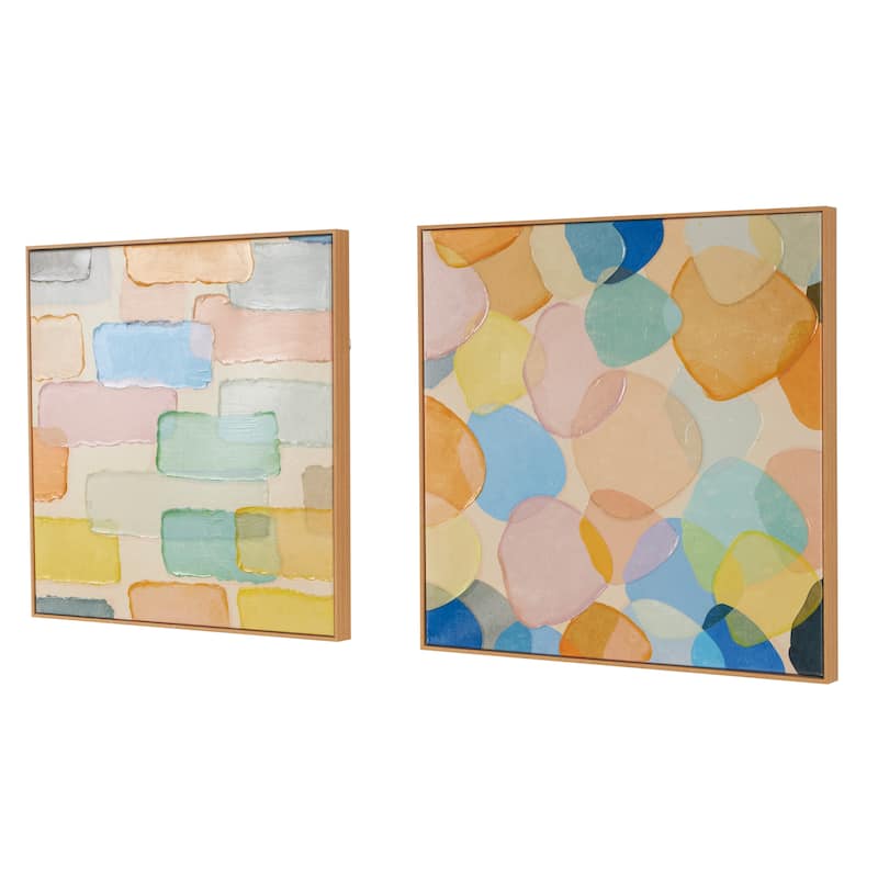 Multi Colored Canvas Small Square Abstract Framed Wall Art with Layered Geometric Shapes (Set of 2)