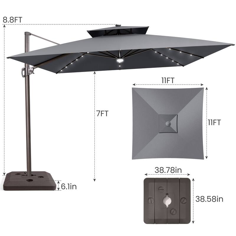 11 FT Aluminum Solar-Powered LED Light Patio Cantilever Umbrella with Base
