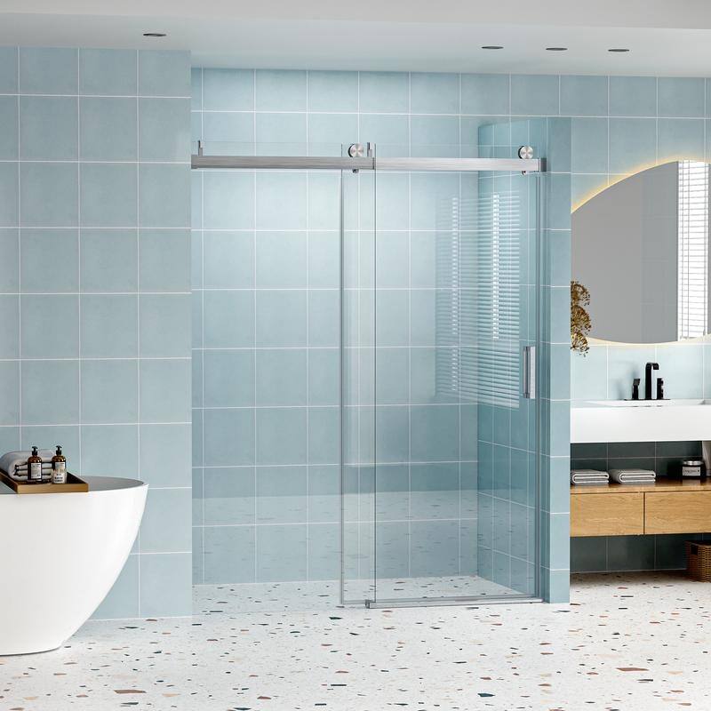 ABRUZZO 56-60" W x 76" H Frameless Soft-Closing Single Sliding Shower Door 1/4" (6mm) Explosion-Proof Tempered Glass