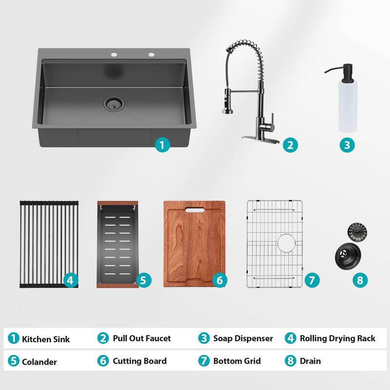 33" Drop-in Workstation Gunmetal Black Kitchen Sink with Pull-out Faucet and Soap Dispenser - Single Bowl 16 Gauge