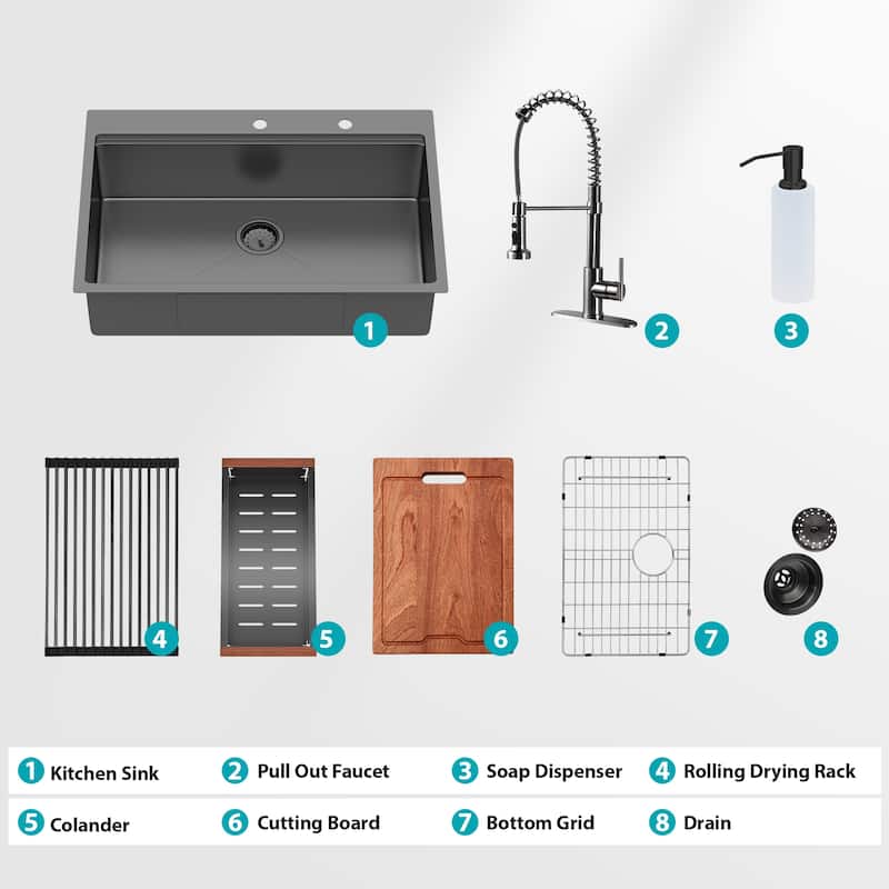 36" Drop-in Workstation Gunmetal Black Kitchen Sink with Pull-out Faucet and Soap Dispenser - Single Bowl 16 Gauge