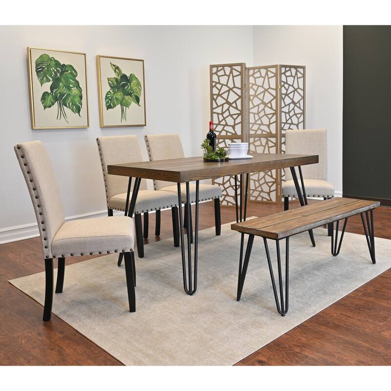 Industrial 6-Piece Dining Table Set with Dining Chairs and Bench - Brown Beige
