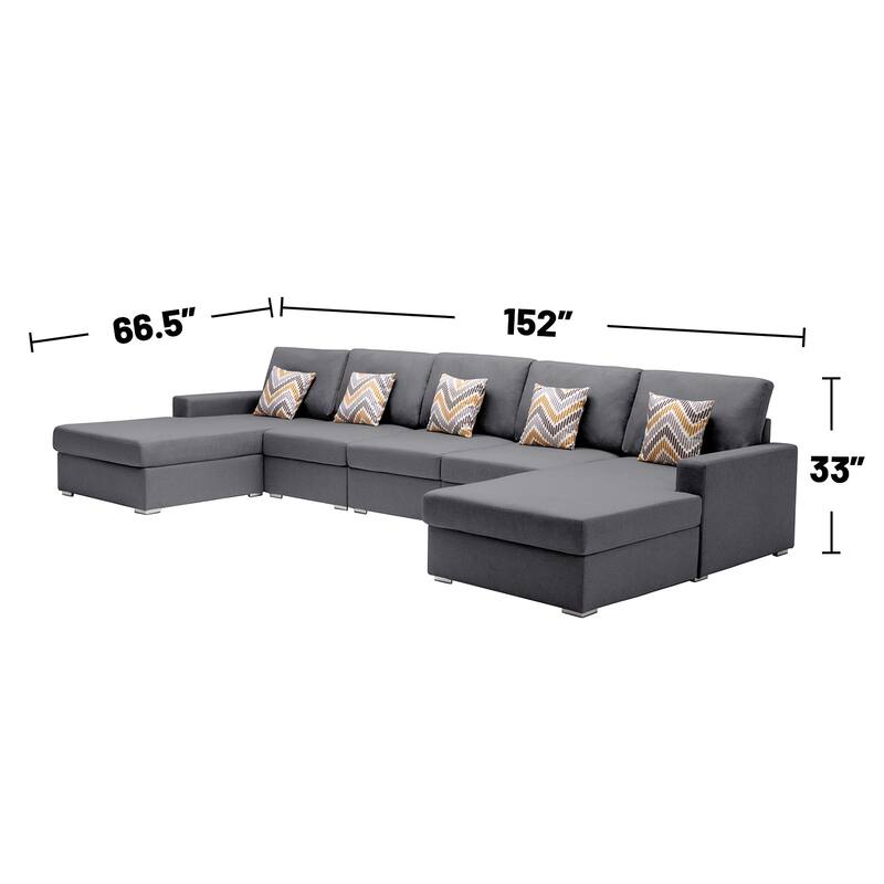 Linen Fabric 5 Piece Double Chaise Sectional Sofa with Pillows and Interchangeable Legs