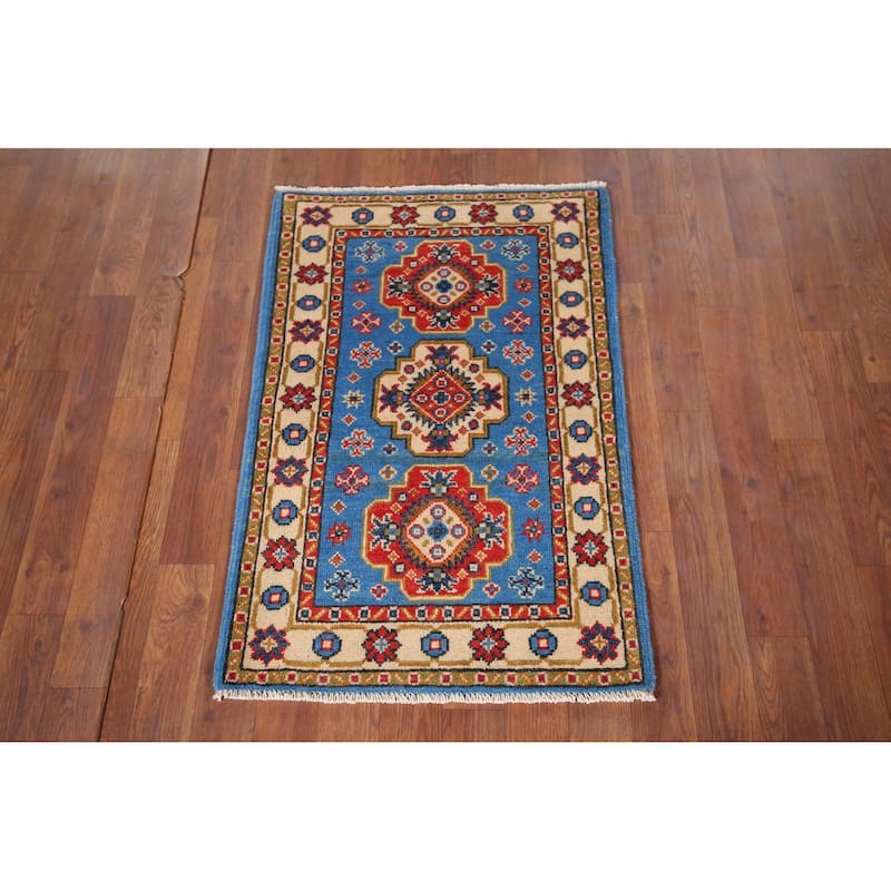 Blue Geometric Kazak Foyer Rug Hand-Knotted Wool Carpet - 2'0" x 2'11"
