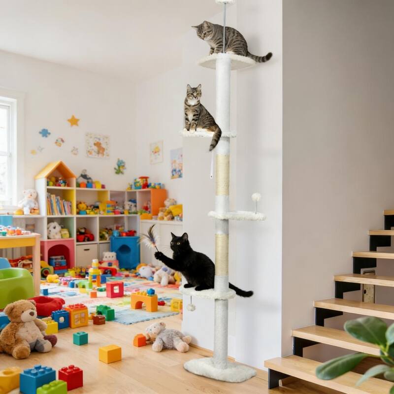 Cat Tree,Floor to Ceiling Cat Tree Soft and plush while featuring double cushions in basket bed - White