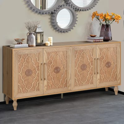 Large Storage Cabinet with Carved Flower Doors and Metal Handles