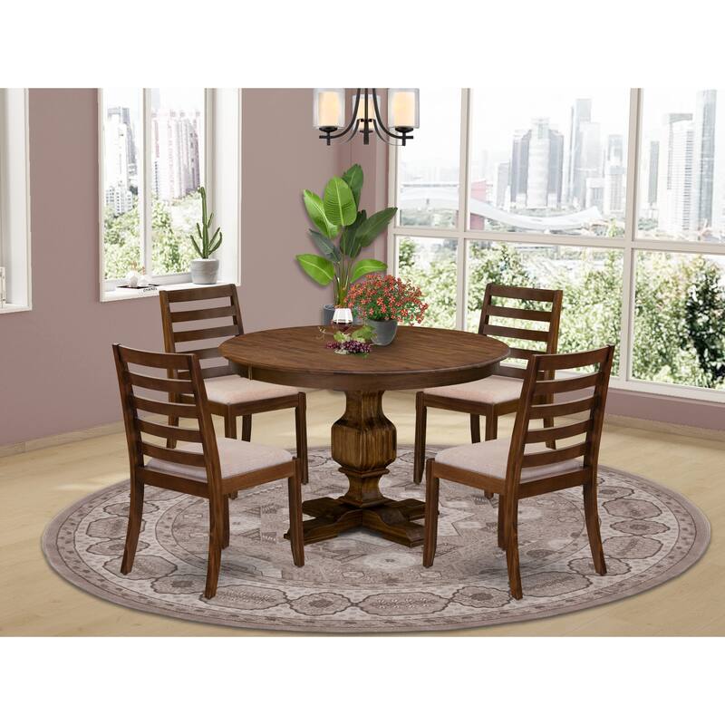 East West Furniture Dining Table set included a Round Table and stackable Chair, Antique Walnut (Pieces & Seat Type Options) - F3X15-0N-04